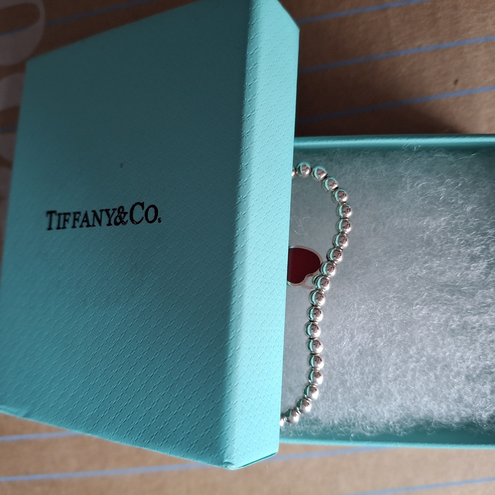 Tiffany & Co. Red Heart Silver Beaded Tennis Bracelet